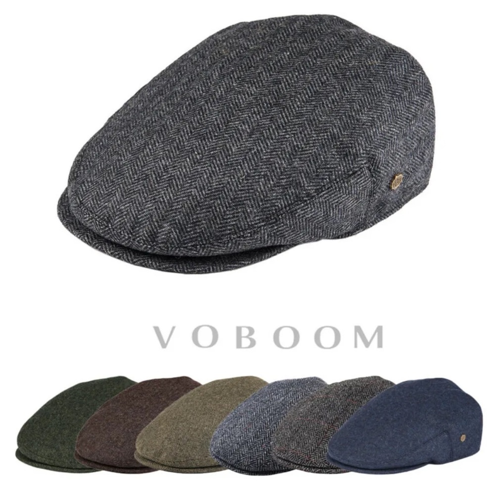 VOBOOM WOOL BLACK flat CAP Herringbone Tweed Newsboy Hat Gatsby Cabbie Cap GRAY